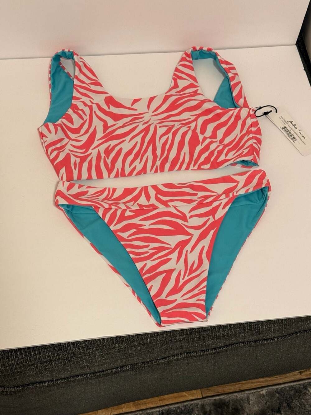 NWT Feather 4 Arrow Girls 14 Reversible Bikini Surfari Coral Zebra Turquoise